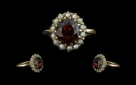 Antique Period Attractive 9ct Gold Garnet and Seed Pearl Set Cluster Ring, c1880-1900,