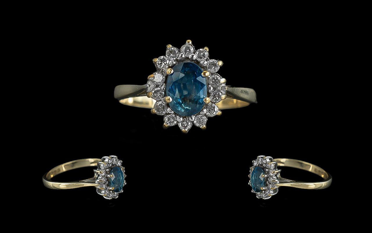 Ladies 9ct Gold Attractive Blue Sapphire & Diamond Set Cluster Ring. Full hallmark to shank.