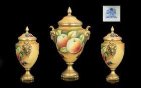 Coalport Hand Painted / Signed Fruits Twin Handle Masks Lidded Small Urn Shaped Vase, Embellished In