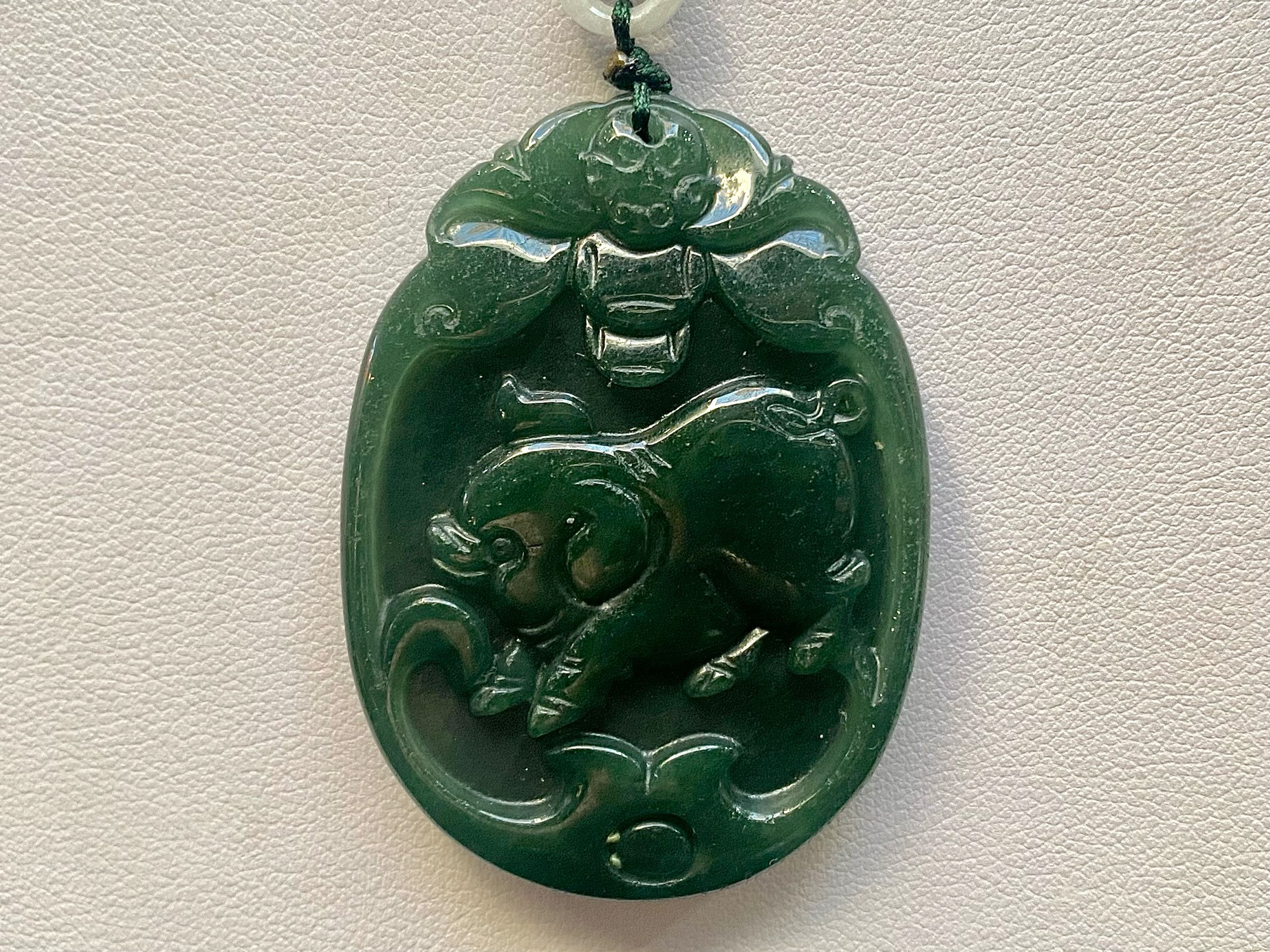 Two Jade Chinese Zodiac Pendant Necklaces, both pendants carved with a pig representing the the - Image 2 of 3