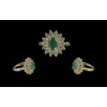 Ladies Superb Quality 14ct Gold Emerald And Diamond Set Cluster Ring marked 14 ct to interior of