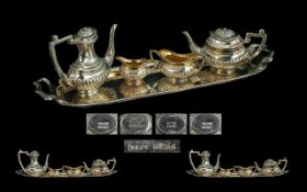 Miniature Silver Four Piece Tea Service With Tray, All Fully Hallmarked For Birmingham A 1975,