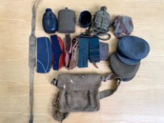 Box of Military Items, including water bottles, flask, belts, ammunition belt, military caps, caps,