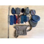 Box of Military Items, including water bottles, flask, belts, ammunition belt, military caps, caps,