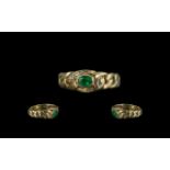 18ct Gold Attractive Diamond & Emerald Set Ring, rope twist design.