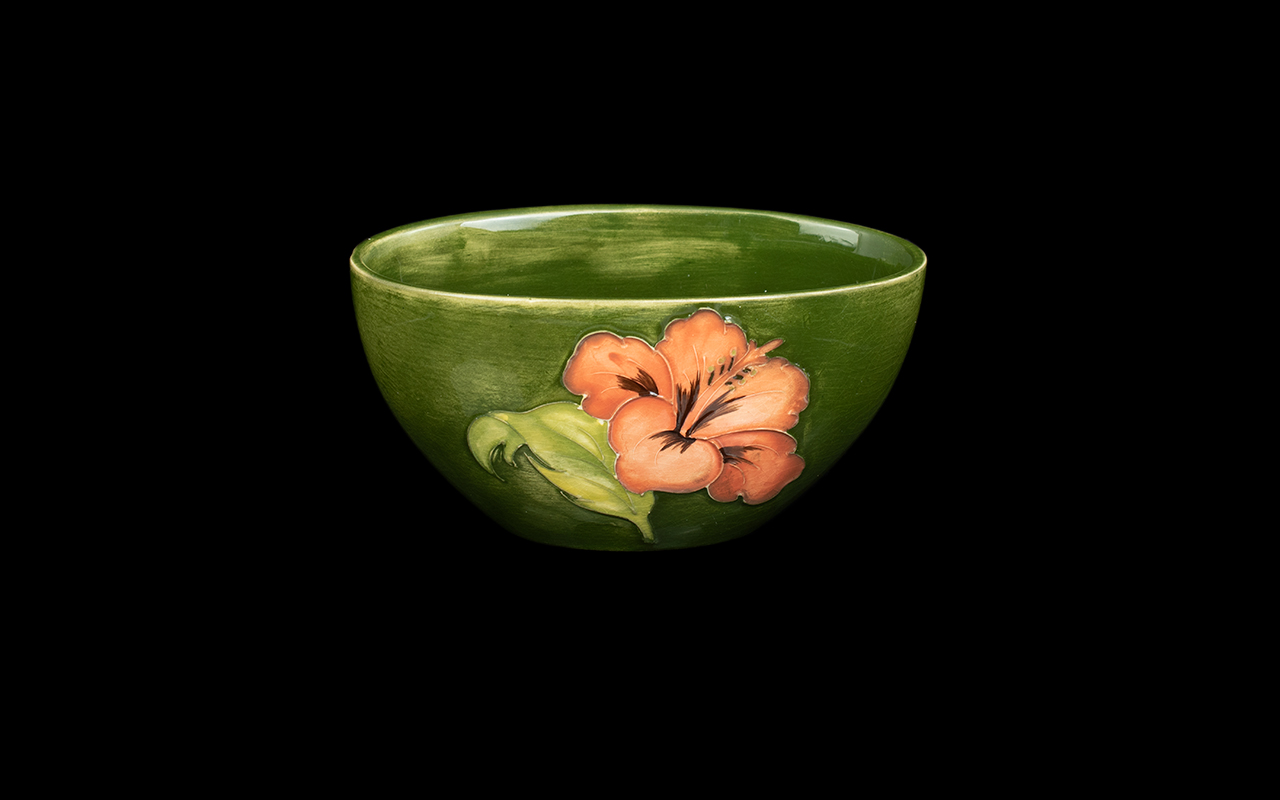 Moorcroft Hibiscus on Green Ground Pattern Bowl / Dish of Oblong Form. Marks to Base. Approx Size 3.