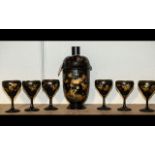 Chinese Papier Mache Cocktail Shaker Set, comprising a cocktail shaker and six stemmed glasses,