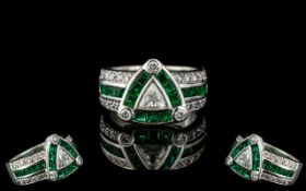 18ct White Gold Contemporary Emerald & Diamond Set Dress Ring,