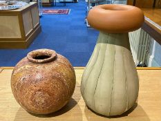 Two Decorative Vases, one 18'' Tall with ecru ribbed effect base and rust coloured rolled top,