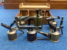 Case of Brass Items, including a collection of brass blow torches, six in total, various sizes.