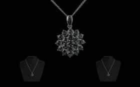 Ladies 9ct White Gold Sapphire Set Pendant with Attached 9ct White Gold Chain. Both Marked for 9ct.