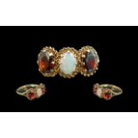 Ladies 9ct Gold Attractive 3 Stone Garnet and Opal Set Ring, Ornate Setting.