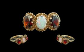 Ladies 9ct Gold Attractive 3 Stone Garnet and Opal Set Ring, Ornate Setting.