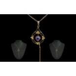 Antique Period Attractive 9ct Gold Amethyst Set Pendant and Attached Chain,
