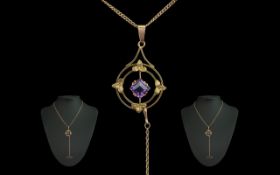 Antique Period Attractive 9ct Gold Amethyst Set Pendant and Attached Chain,