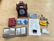 Box of Miscellaneous, to include a modern German mantle clock, a photograph album circa 1920's,