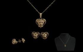 Cute 9ct Gold Earrings, Pendant and Chain Set In the Form of a Teddy bear,