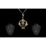 Antique Period Exquisite 9ct Gold Seed Pearl & Garnet Set Ornate Pendant Drop,