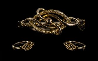 Victorian Period Superb 9ct Gold Snake Style Hinged Bangle with safety chain, marked 9ct,