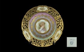 Late Victorian Royal Vienna Cabinet Plate, pierced gilt edging, central portrait of a young lady,