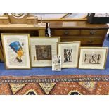 Four Egyptian Paintings on Papyrus, depicting various figures, including Nefertiti, all mounted,