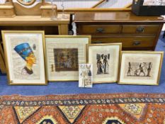 Four Egyptian Paintings on Papyrus, depicting various figures, including Nefertiti, all mounted,