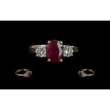 18ctb Gold Attractive Quality 3 Stone Ruby and Diamond Set Ring,