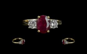 18ctb Gold Attractive Quality 3 Stone Ruby and Diamond Set Ring,