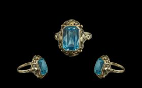 German Early 20th Century Single Stone Aquamarine Set Dress Ring, Ornate Setting.