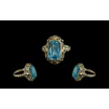 German Early 20th Century Single Stone Aquamarine Set Dress Ring, Ornate Setting.