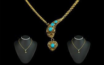 Victorian Period Superb 18ct Gold Turquoise Set Snakes Head Necklace, with heart shaped drop.