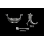 Boxed Silver Cruet Set in the Form of a Viking Ship & Horn, hallmarked and in original fitted box.