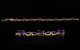 Ladies 18ct Gold - Attractive Amethyst and Diamond Set Bracelet. Marked 18ct.