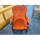 Antique Fireside Chair, Mahogany with upholstered button back and arms,