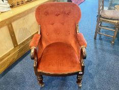 Antique Fireside Chair, Mahogany with upholstered button back and arms,