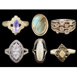 Six Ladies Silver Rings, comprising a crystal set oval ring,