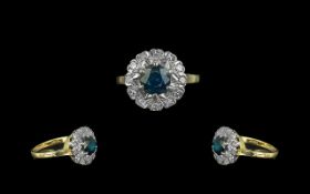 18ct Gold Attractive Sapphire and Diamond Set Cluster Ring. Marked 18ct to Interior of Shank.