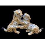 Excellent Mid Century Ceramic Hand Painted Life Like Figure of Two Leopard Cubs Play Fighting,