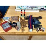 Box of Mixed Collectibles, comprising assorted military belts, including a cartridge belt, two Tom