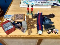 Box of Mixed Collectibles, comprising assorted military belts, including a cartridge belt, two Tom