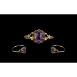 Ladies Petite 9ct Gold Ornate Single Stone Amethyst Set Ring. Excellent design, shank and setting.