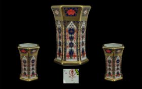 Royal Crown Derby Six Sided Old Imari Double Gold Banded Vase (22ct). Pattern No. 1128, date 1990.