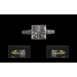 18ct Gold Antique Diamond Ring, square setting, set with four round cut diamonds. Stamped 18ct.