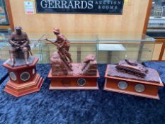 Three WW1 Related Sculptures, on wooden bases inset with memorial coins, comprising a tank,