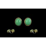 A Fine Pair Of Attractive 18ct Gold, Jade Set Earrings - Marked 750 (18ct) Weight 3.6 grams.