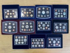 Royal Mint Coin Proof Year Sets, 2008, 2 x 2007, 2006, 2 x 2005, 2 x 2004, 2003, 2002, 2001.