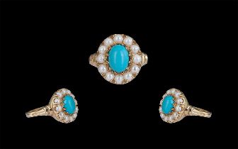 Antique Period - Attractive 9ct Gold Turquoise and Pearl Set Cluster Ring.