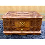 Costume Jewellery in Large Wooden Heavily Carved Jewellery Box, with key,