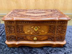 Costume Jewellery in Large Wooden Heavily Carved Jewellery Box, with key,