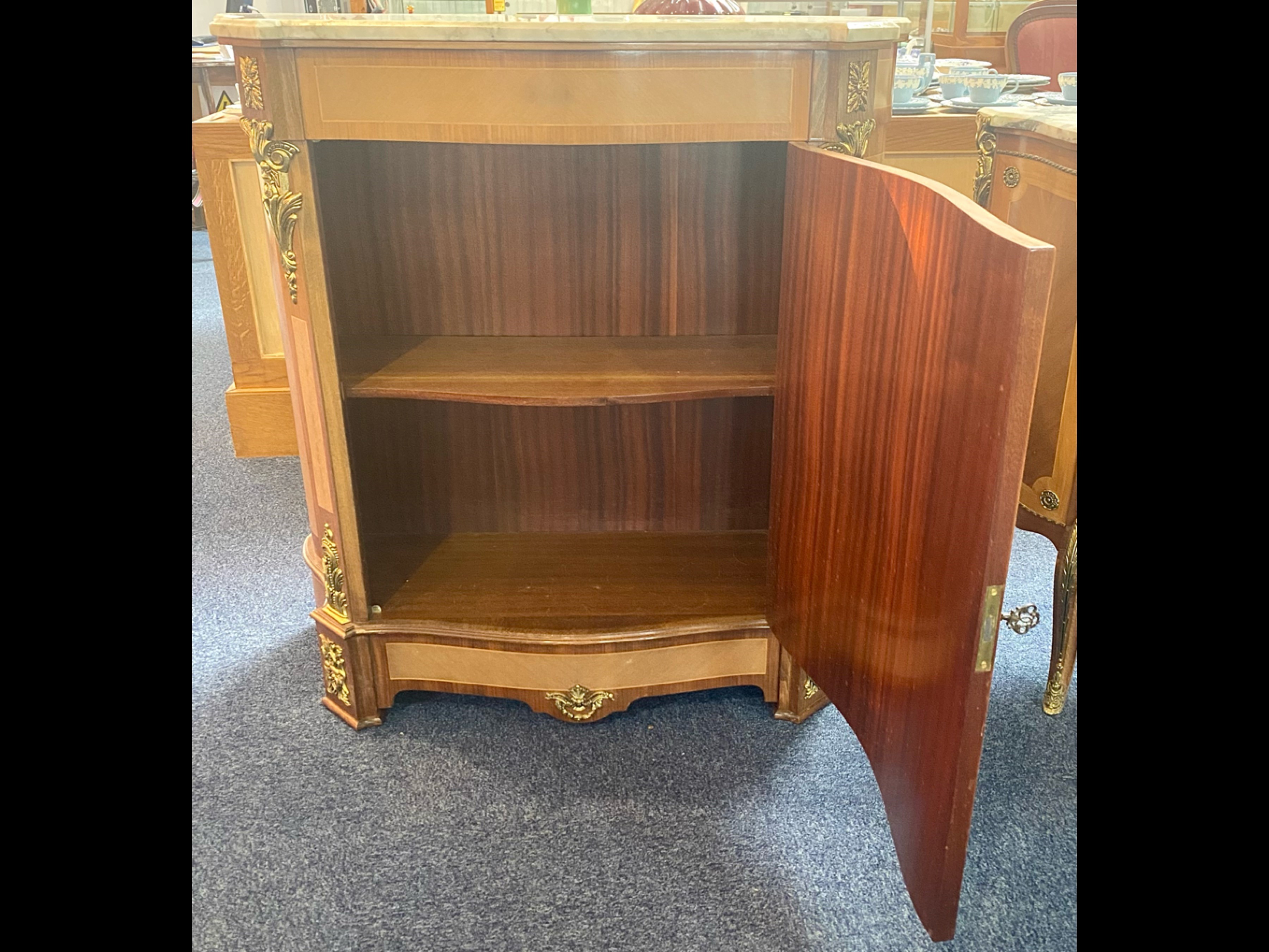 Mid 20th Century French Style Cabinet, marble top, brass ormolu mounts, door with single shelf. - Image 3 of 5